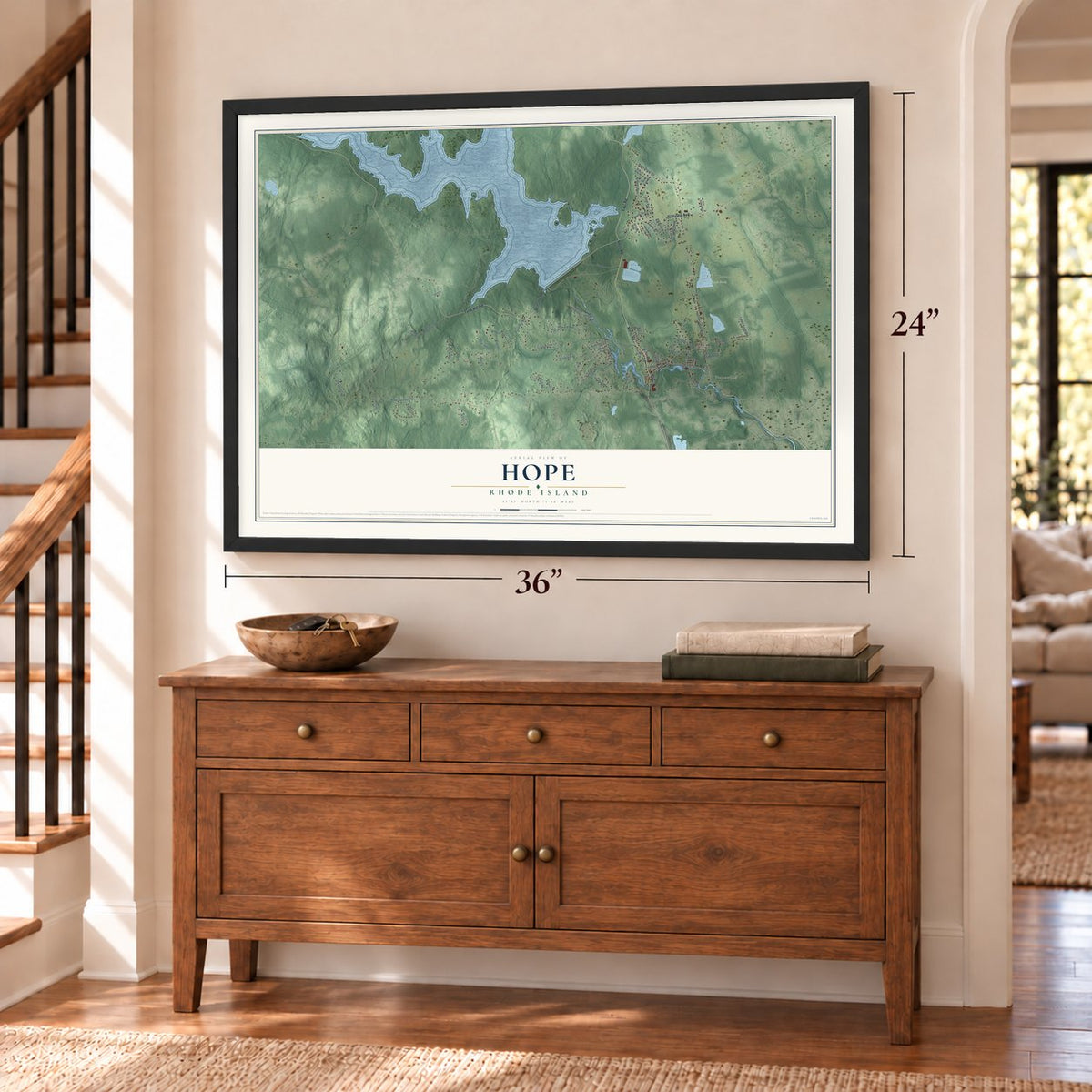 Hope, Rhode Island map, 24 x 36 inch print in a black frame above a dresser by a staircase
