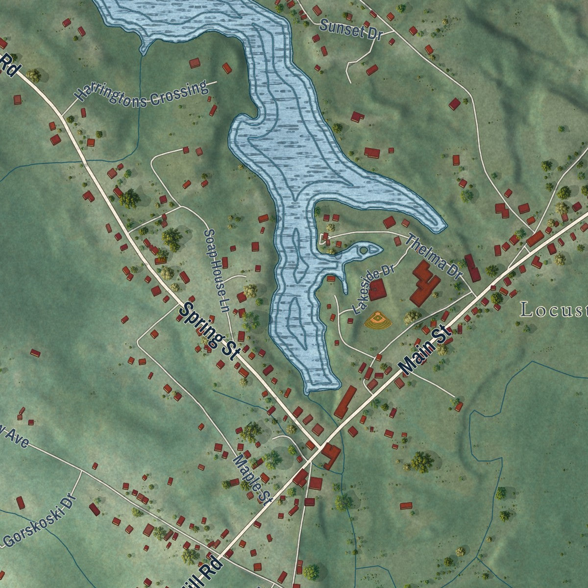 Close-up of the map of Hope Valley, Rhode Island print showing street and building detail