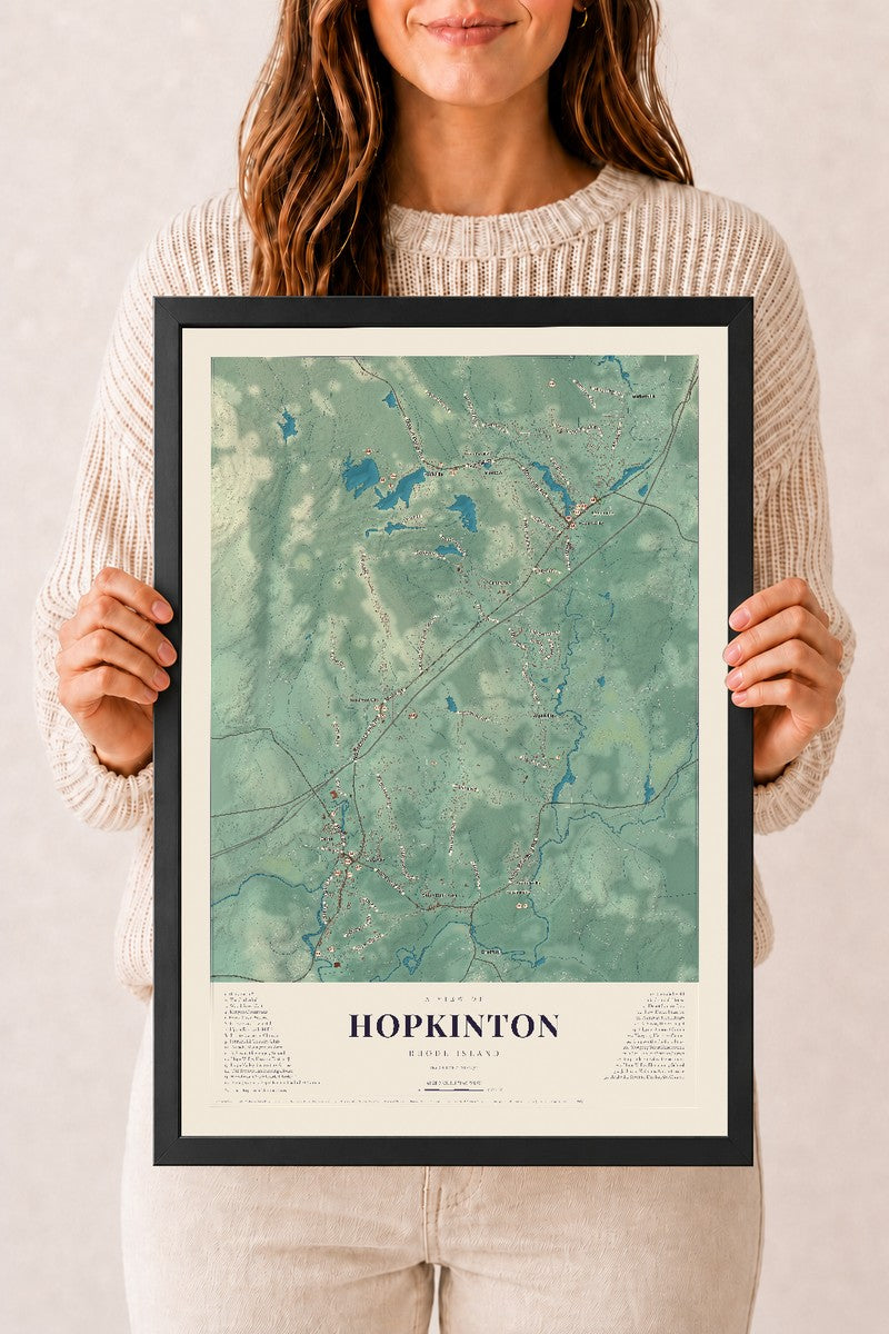 Hopkinton, Rhode Island map print, 12" x 18" W/ Black Ayous Wood Frame mockup