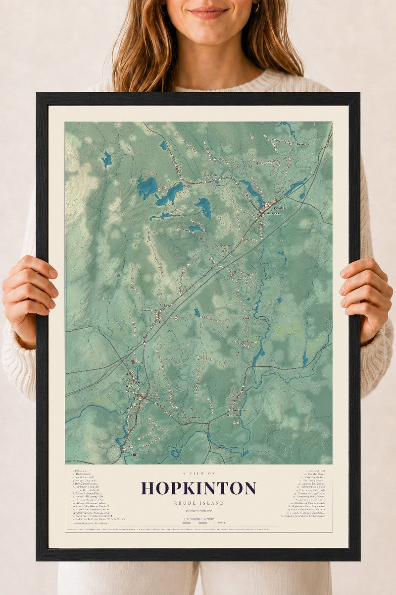 Hopkinton, Rhode Island map print, 18" x 24" W/ Black Ayous Wood Frame mockup