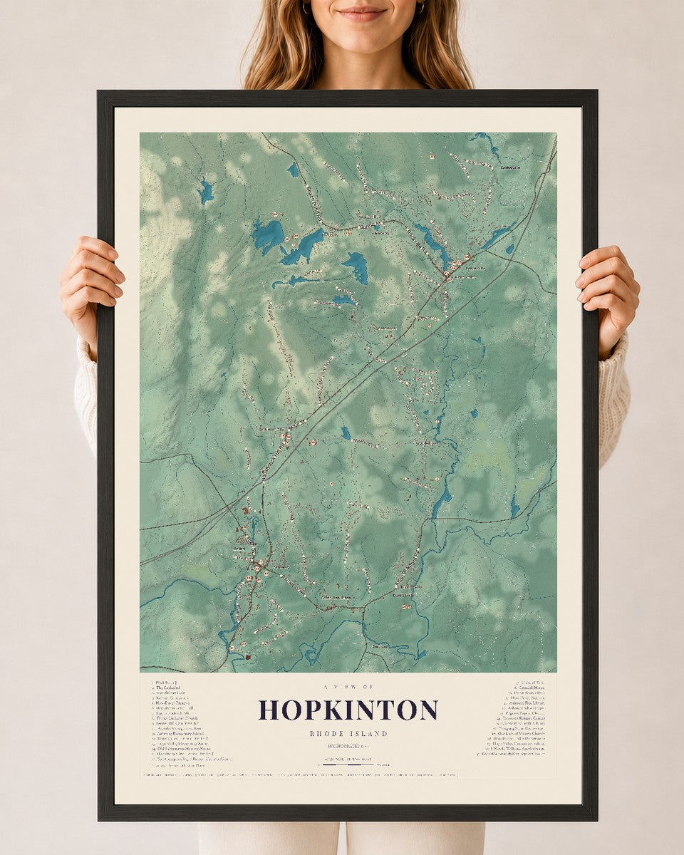 Hopkinton, Rhode Island map print, 24" x 36" W/ Black Ayous Wood Frame mockup