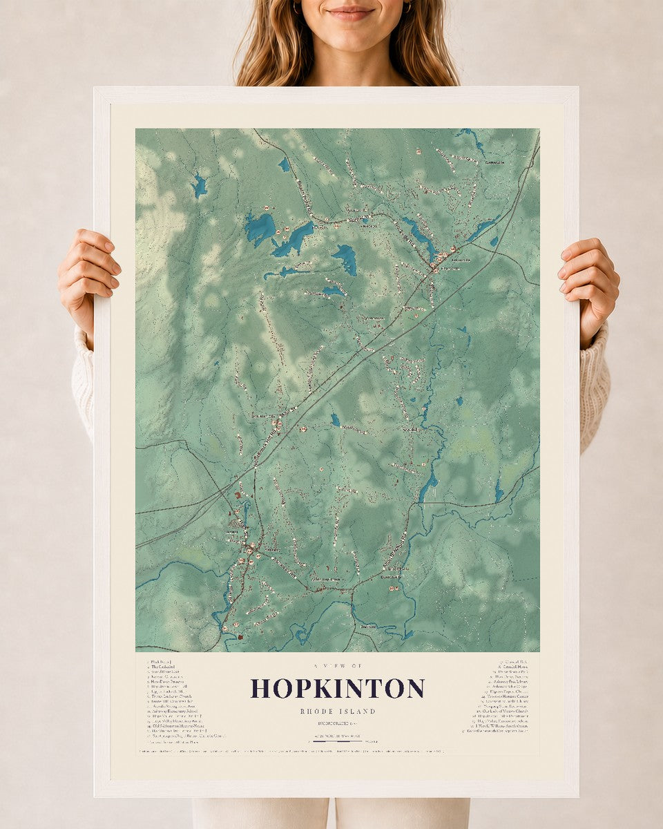 Hopkinton, Rhode Island map print, 24" x 36" W/ White Ayous Wood Frame mockup