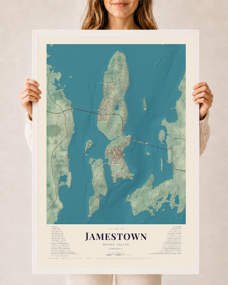 Jamestown, Rhode Island map print, 24" x 36" W/ White Ayous Wood Frame mockup