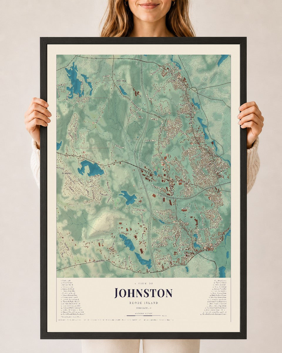Johnston, Rhode Island map print, 24" x 36" W/ Black Ayous Wood Frame mockup