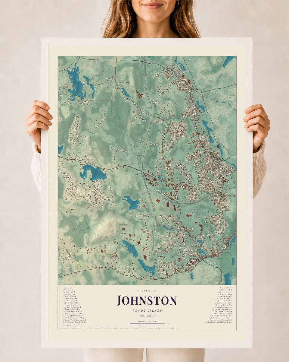 Johnston, Rhode Island map print, 24" x 36" W/ White Ayous Wood Frame mockup