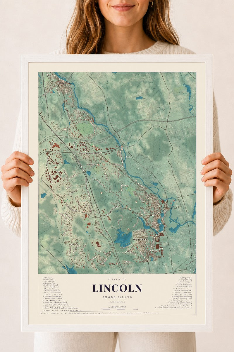 Lincoln, Rhode Island map print, 18" x 24" W/ White Ayous Wood Frame mockup