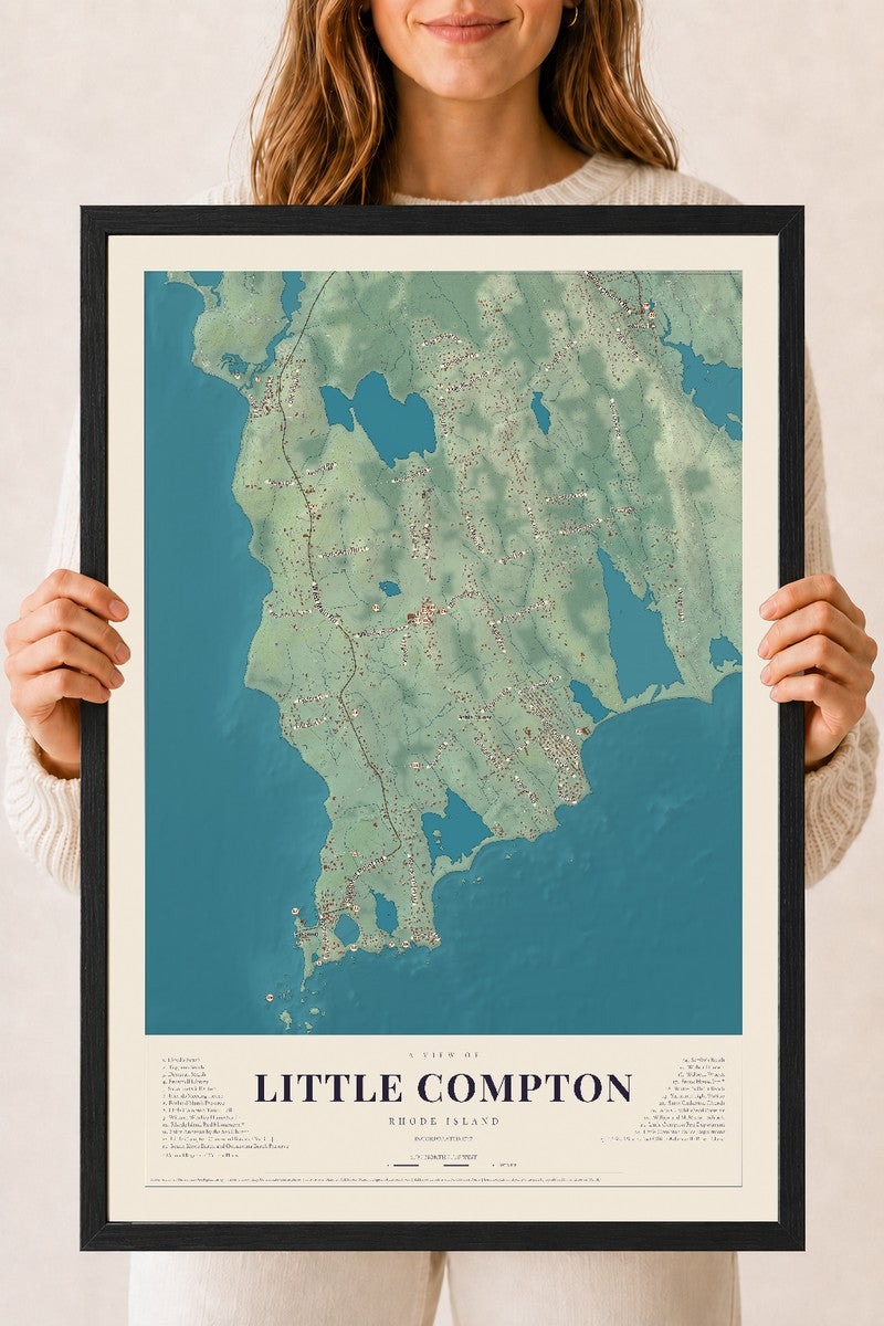 Little Compton, Rhode Island map print, 18" x 24" W/ Black Ayous Wood Frame mockup