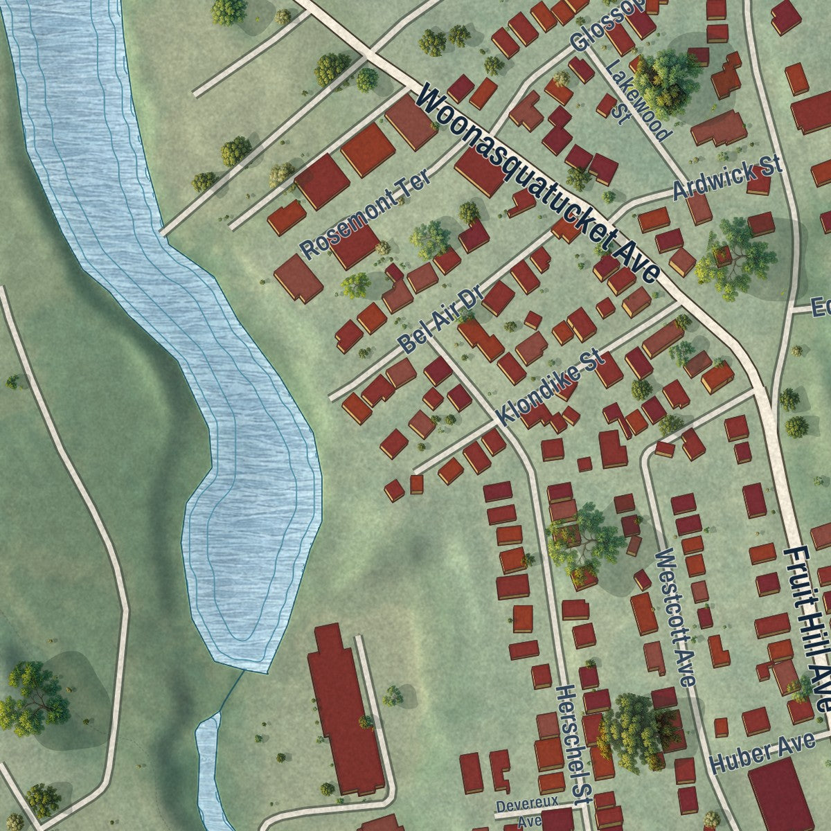 Close-up of the map of Manton, Rhode Island print showing street and building detail
