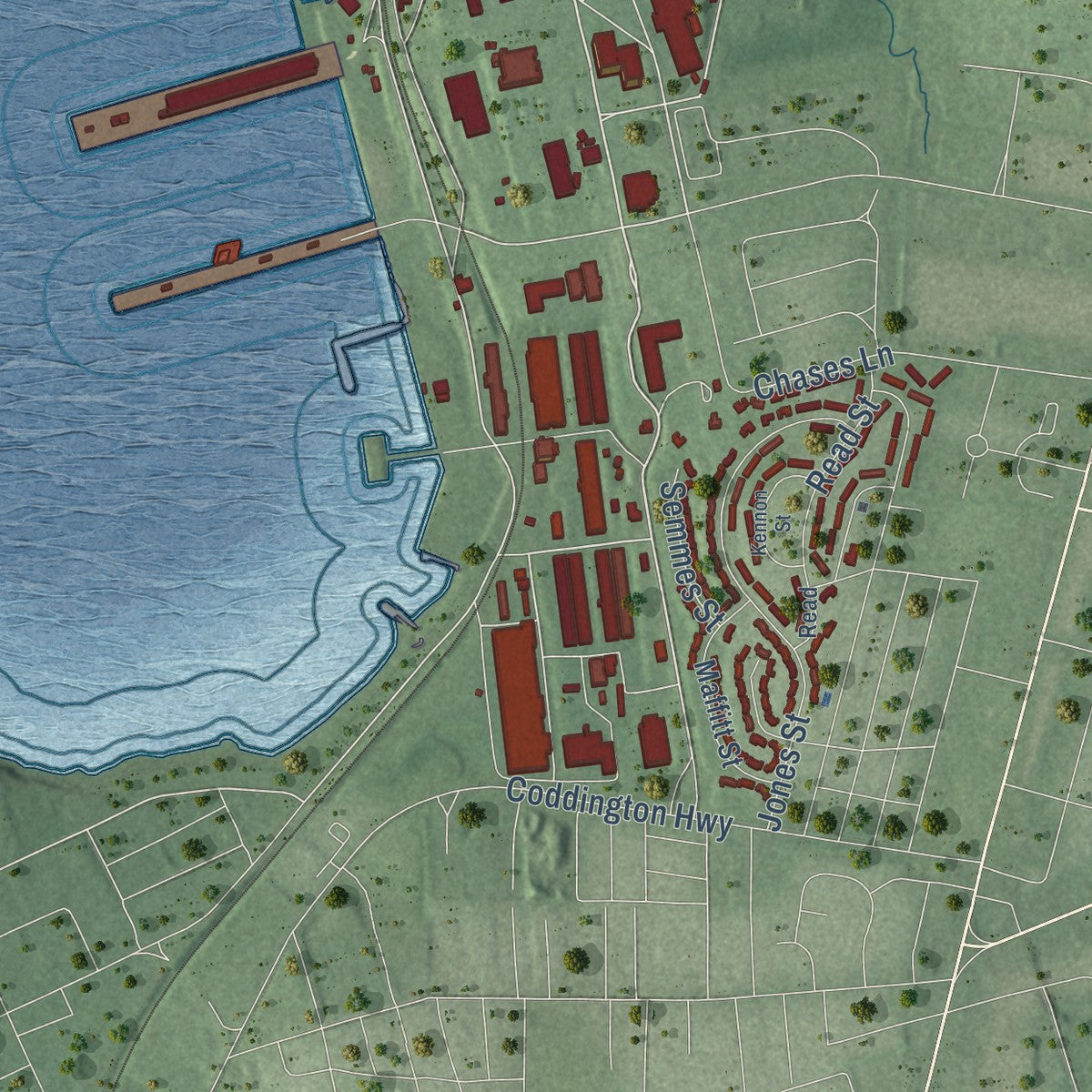 Close-up of the map of Melville, Rhode Island print showing street and building detail