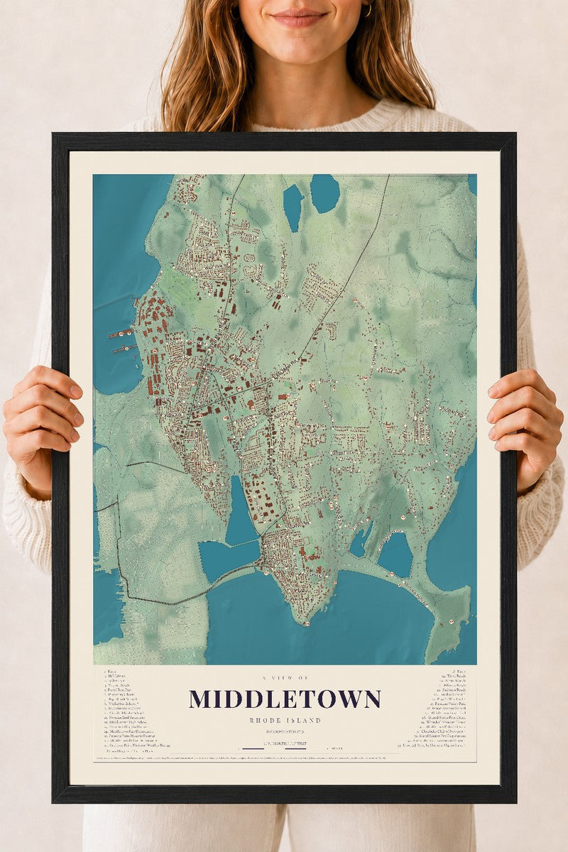 Middletown, Rhode Island map print, 18" x 24" W/ Black Ayous Wood Frame mockup
