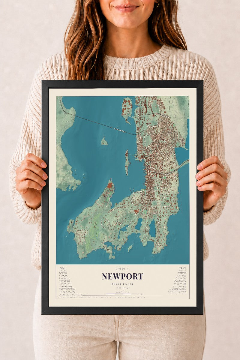 Newport, Rhode Island map print, 12" x 18" W/ Black Ayous Wood Frame mockup