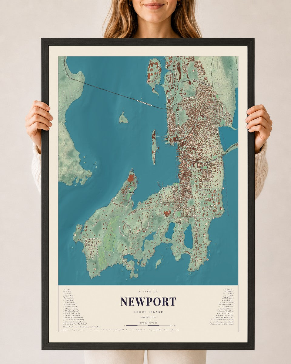 Newport, Rhode Island map print, 24" x 36" W/ Black Ayous Wood Frame mockup