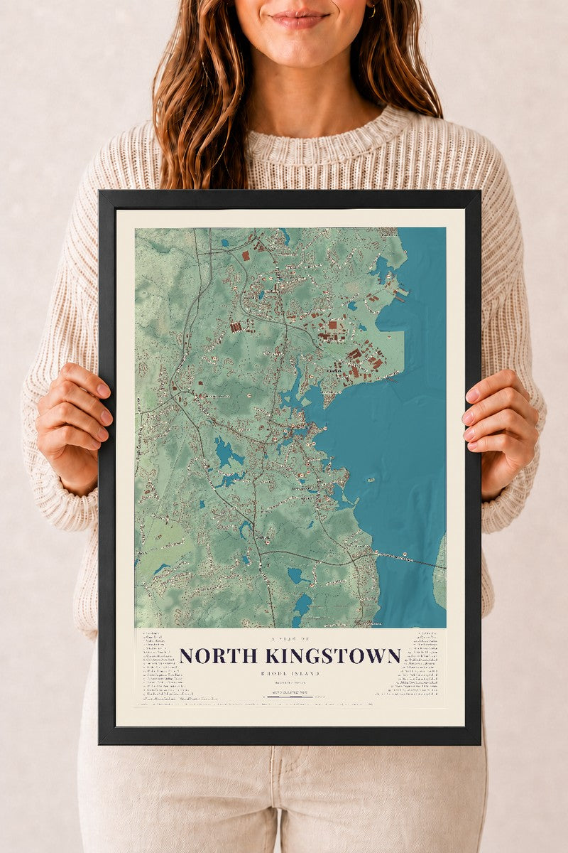 North Kingstown, Rhode Island map print, 12" x 18" W/ Black Ayous Wood Frame mockup