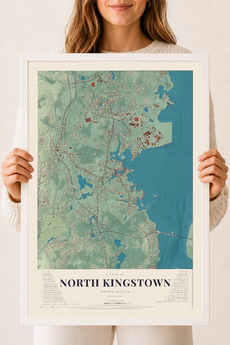 North Kingstown, Rhode Island map print, 18" x 24" W/ White Ayous Wood Frame mockup