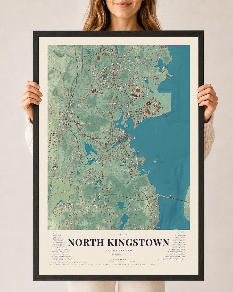 North Kingstown, Rhode Island map print, 24" x 36" W/ Black Ayous Wood Frame mockup