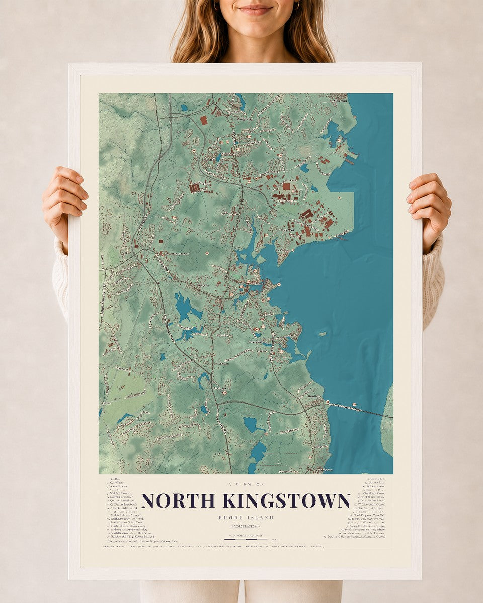 North Kingstown, Rhode Island map print, 24" x 36" W/ White Ayous Wood Frame mockup