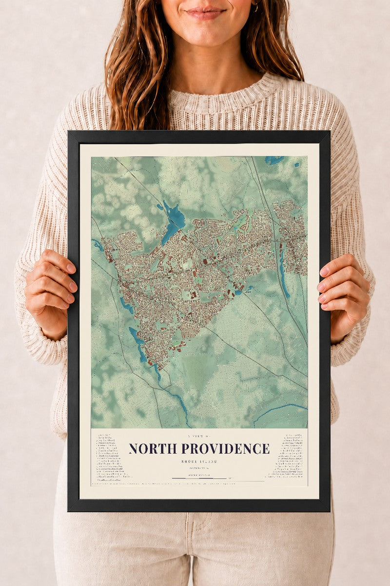 North Providence, Rhode Island map print, 12" x 18" W/ Black Ayous Wood Frame mockup