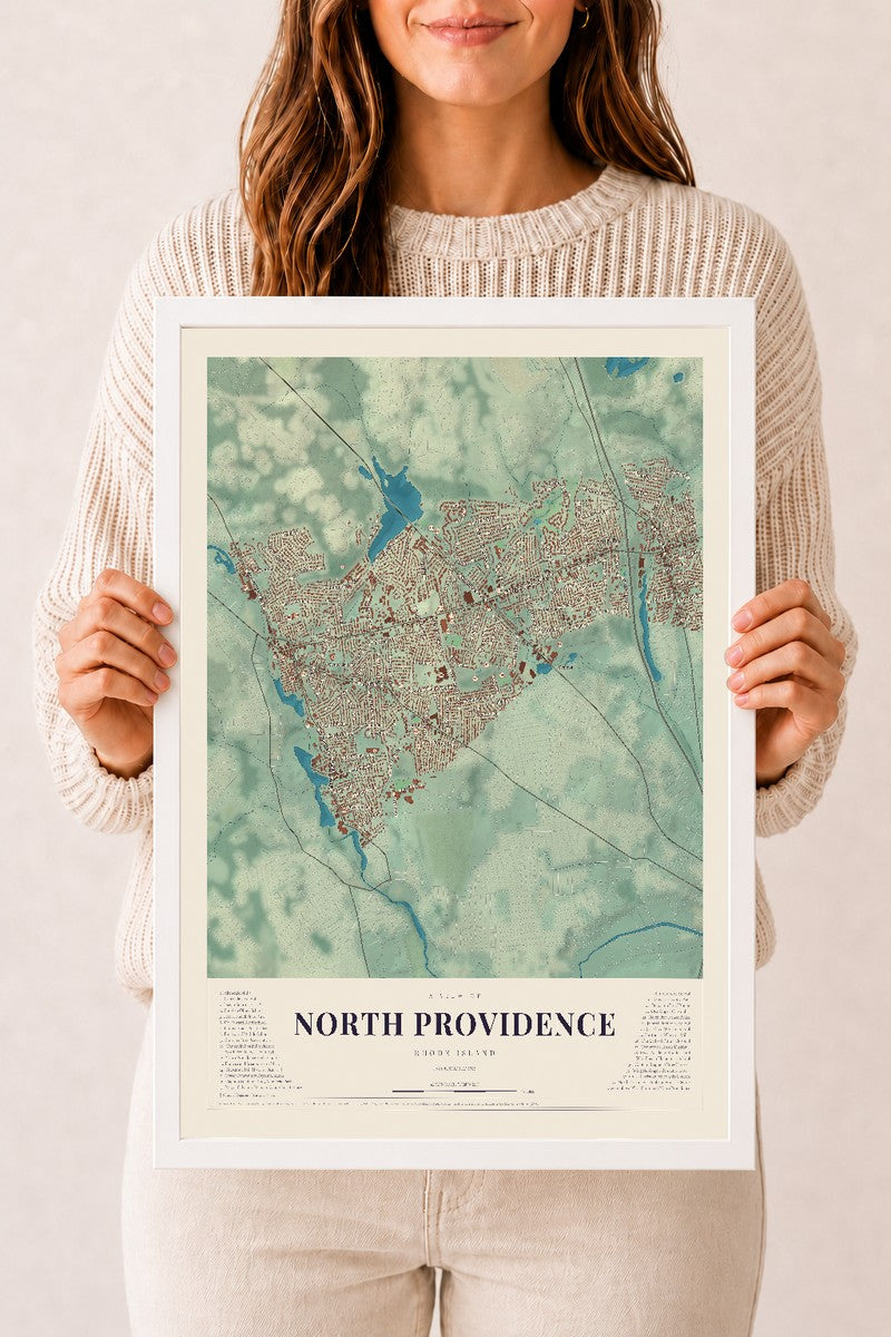 North Providence, Rhode Island map print, 12" x 18" W/ White Ayous Wood Frame mockup