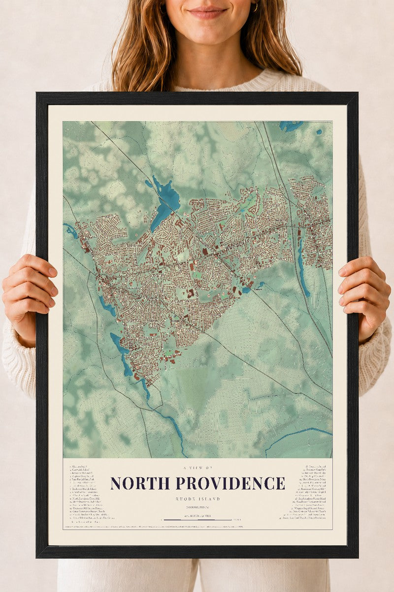 North Providence, Rhode Island map print, 18" x 24" W/ Black Ayous Wood Frame mockup
