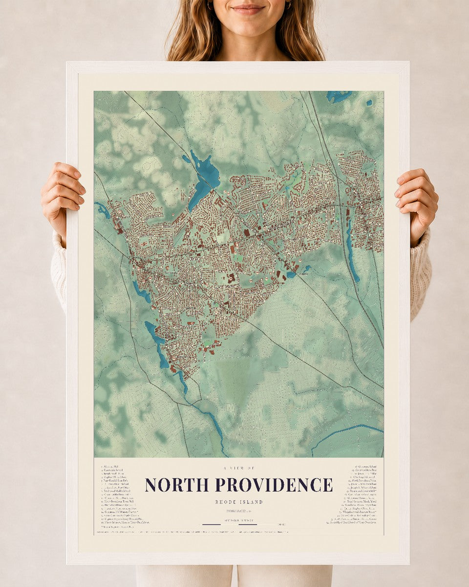 North Providence, Rhode Island map print, 24" x 36" W/ White Ayous Wood Frame mockup