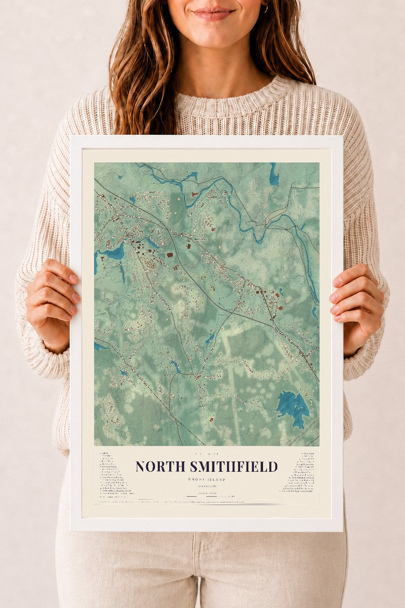 North Smithfield, Rhode Island map print, 12" x 18" W/ White Ayous Wood Frame mockup