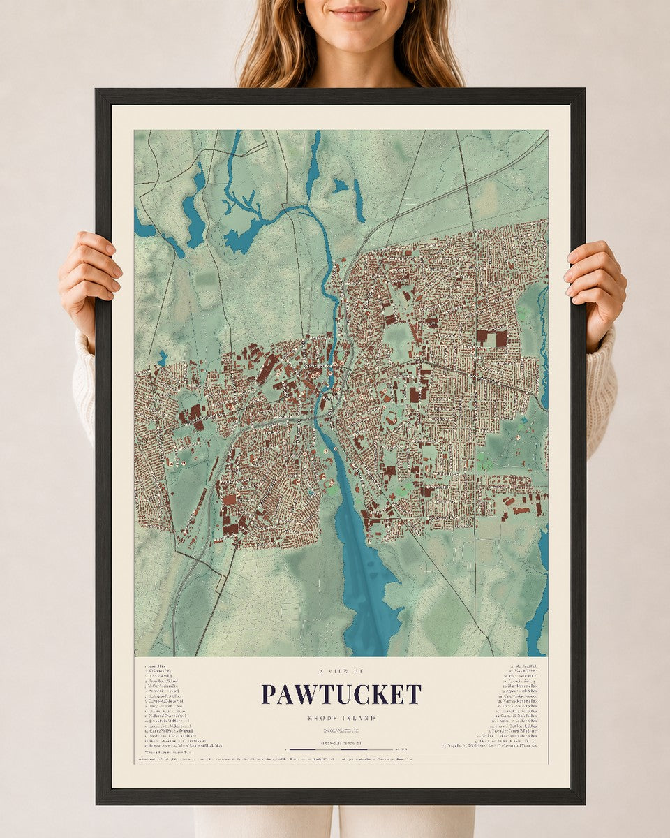 Pawtucket, Rhode Island map print, 24" x 36" W/ Black Ayous Wood Frame mockup