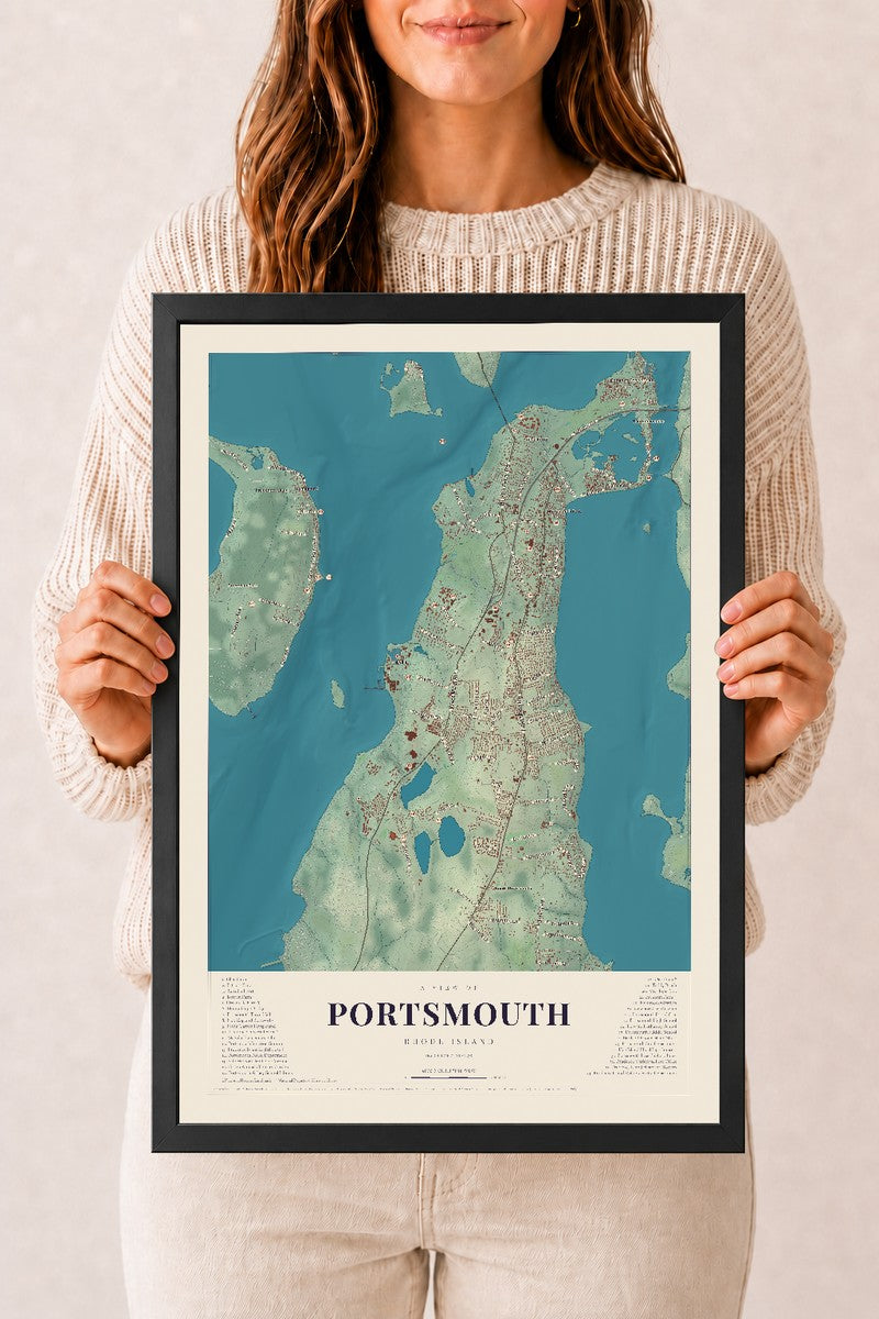 Portsmouth, Rhode Island map print, 12" x 18" W/ Black Ayous Wood Frame mockup
