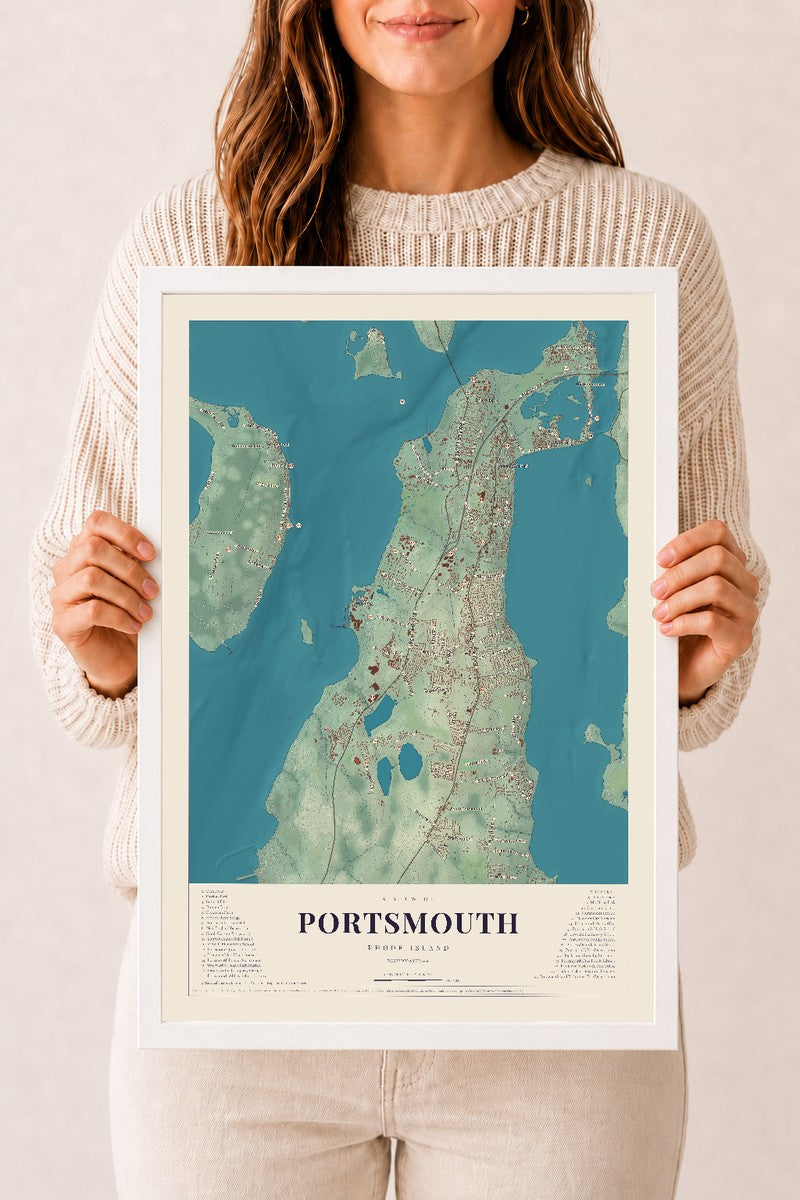 Portsmouth, Rhode Island map print, 12" x 18" W/ White Ayous Wood Frame mockup