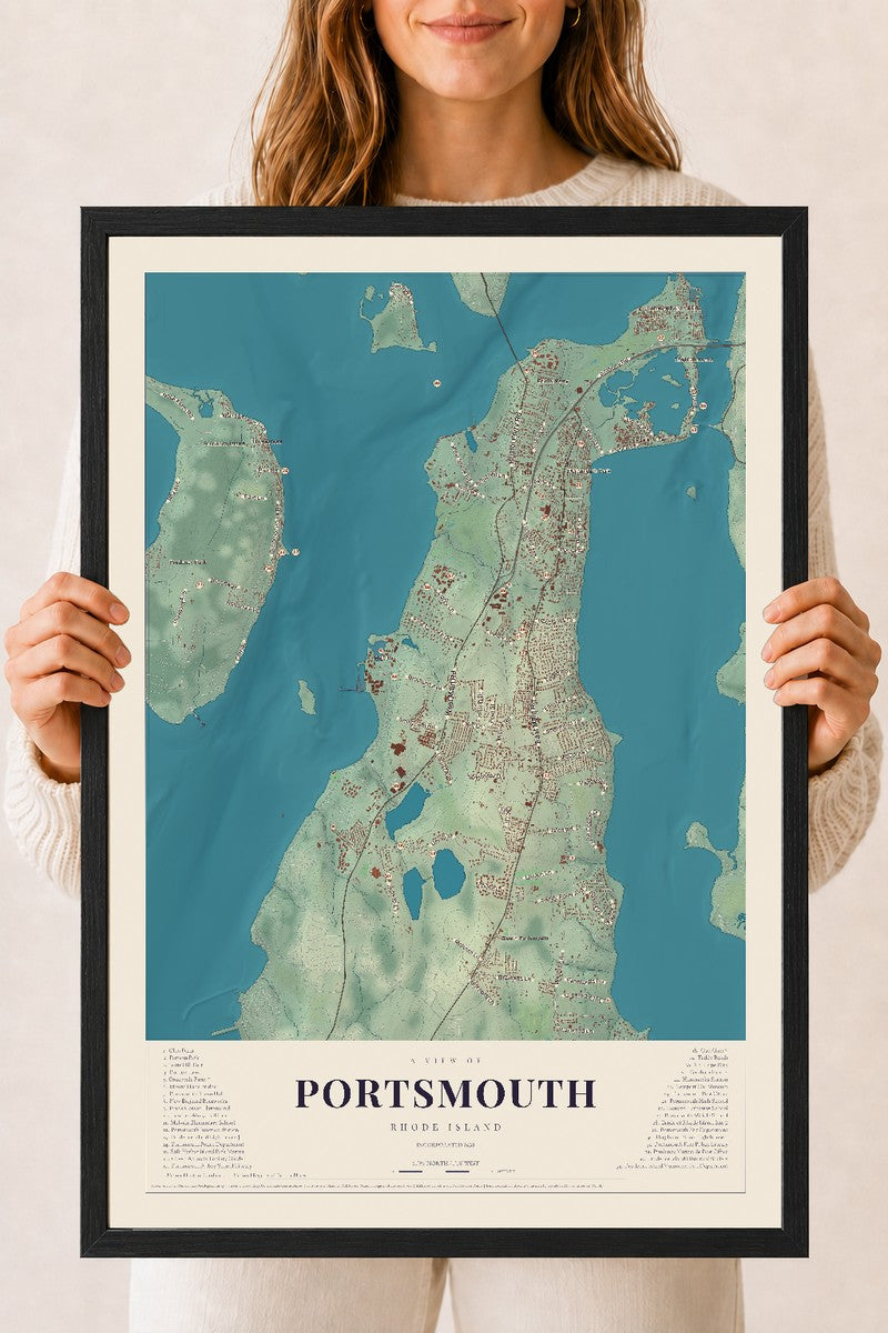 Portsmouth, Rhode Island map print, 18" x 24" W/ Black Ayous Wood Frame mockup