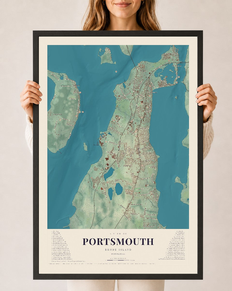 Portsmouth, Rhode Island map print, 24" x 36" W/ Black Ayous Wood Frame mockup