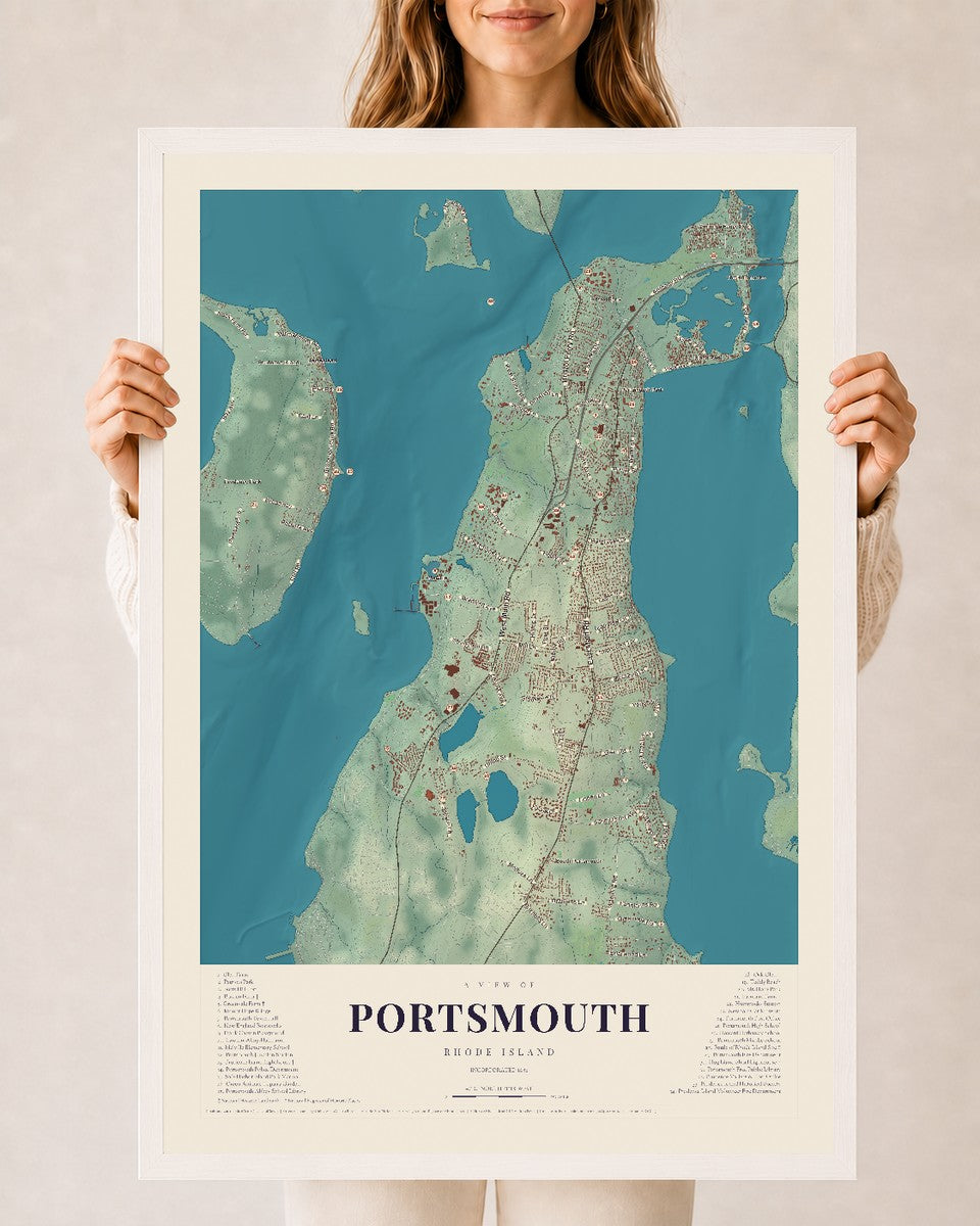 Portsmouth, Rhode Island map print, 24" x 36" W/ White Ayous Wood Frame mockup