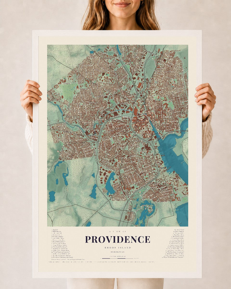 Providence, Rhode Island map print, 24" x 36" W/ White Ayous Wood Frame mockup