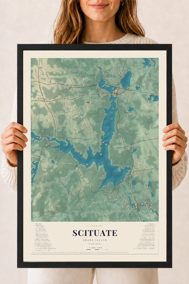 Scituate, Rhode Island map print, 18" x 24" W/ Black Ayous Wood Frame mockup