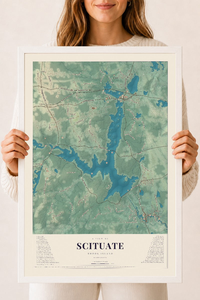Scituate, Rhode Island map print, 18" x 24" W/ White Ayous Wood Frame mockup