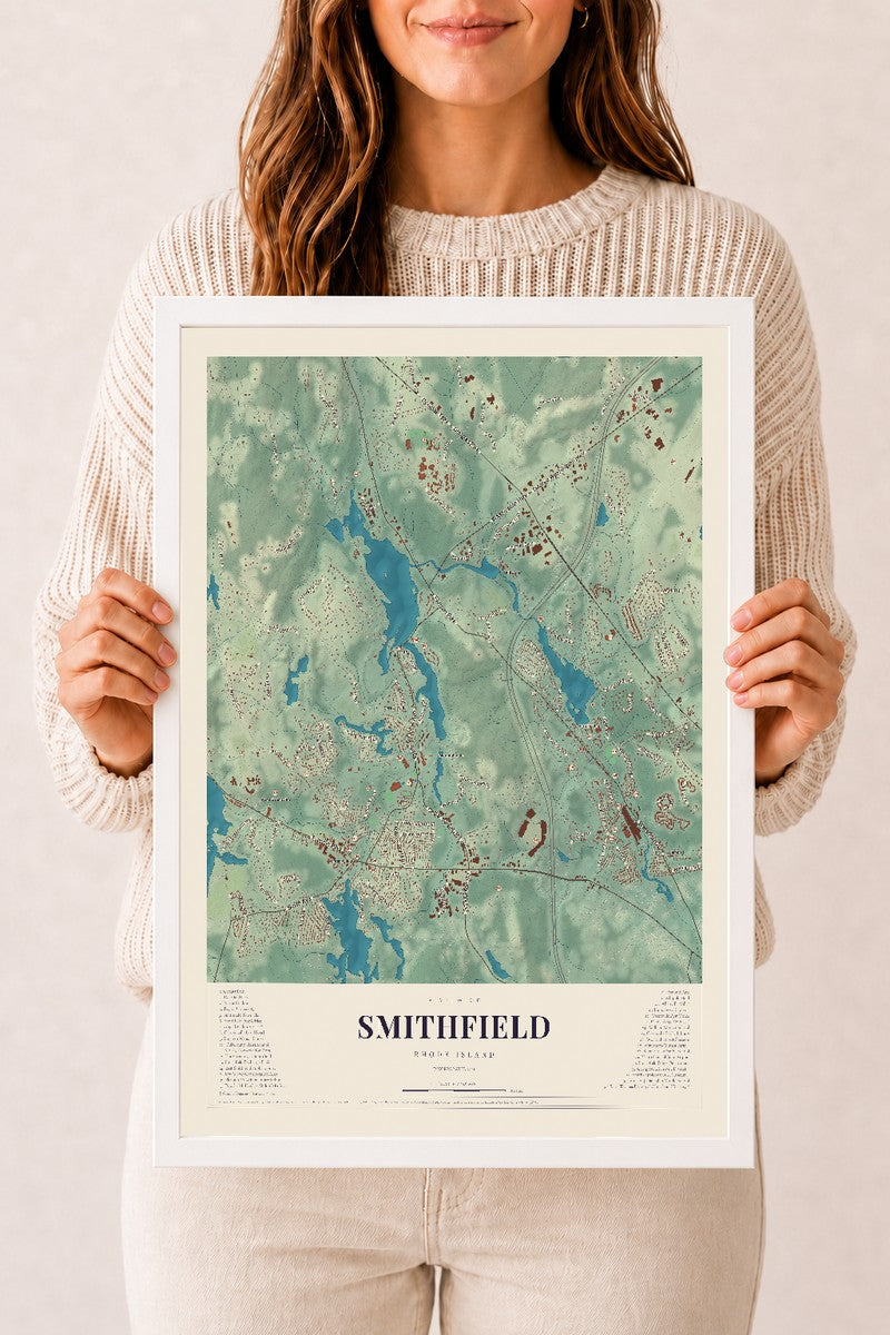 Smithfield, Rhode Island map print, 12" x 18" W/ White Ayous Wood Frame mockup