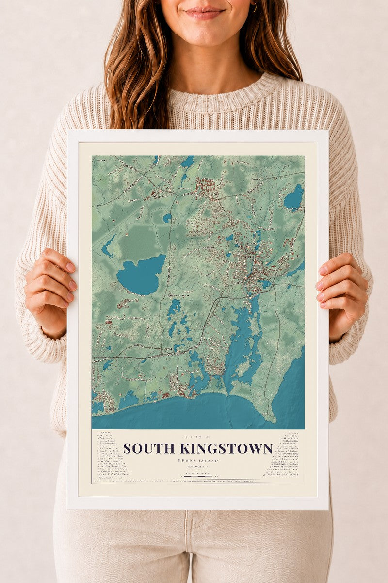 South Kingstown, Rhode Island map print, 12" x 18" W/ White Ayous Wood Frame mockup