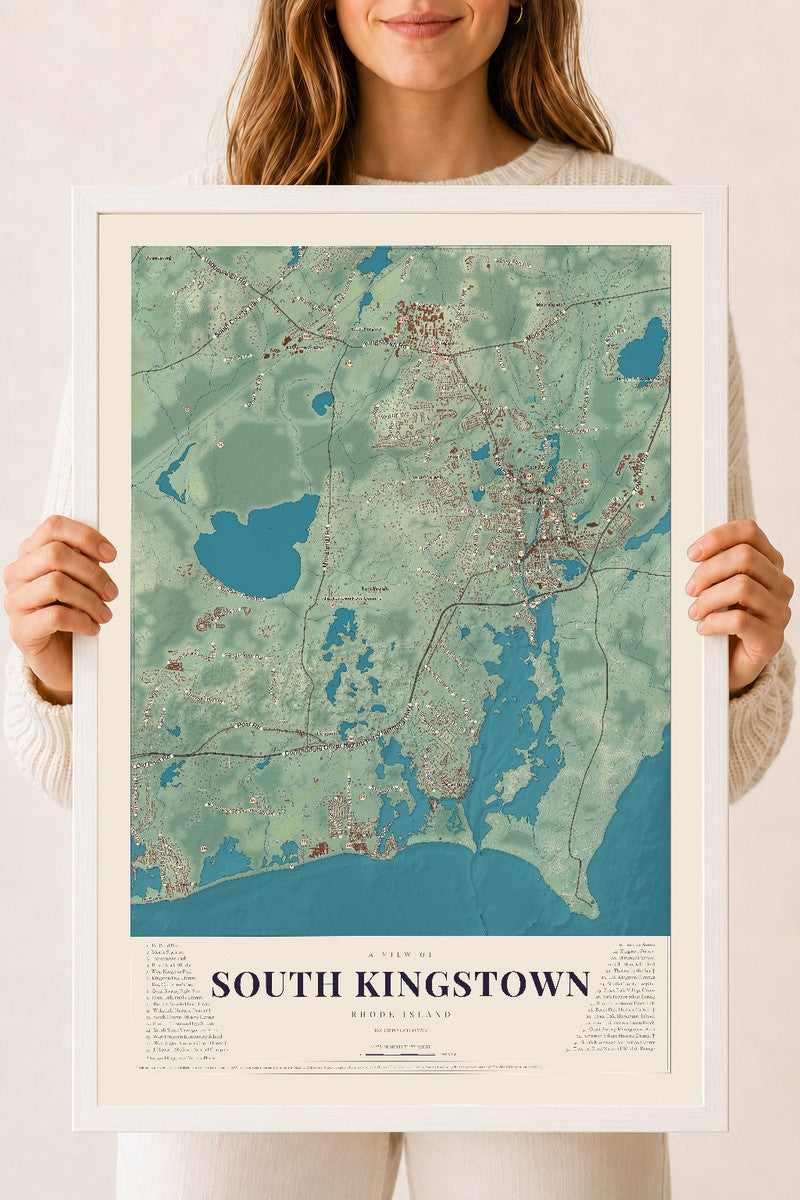 South Kingstown, Rhode Island map print, 18" x 24" W/ White Ayous Wood Frame mockup