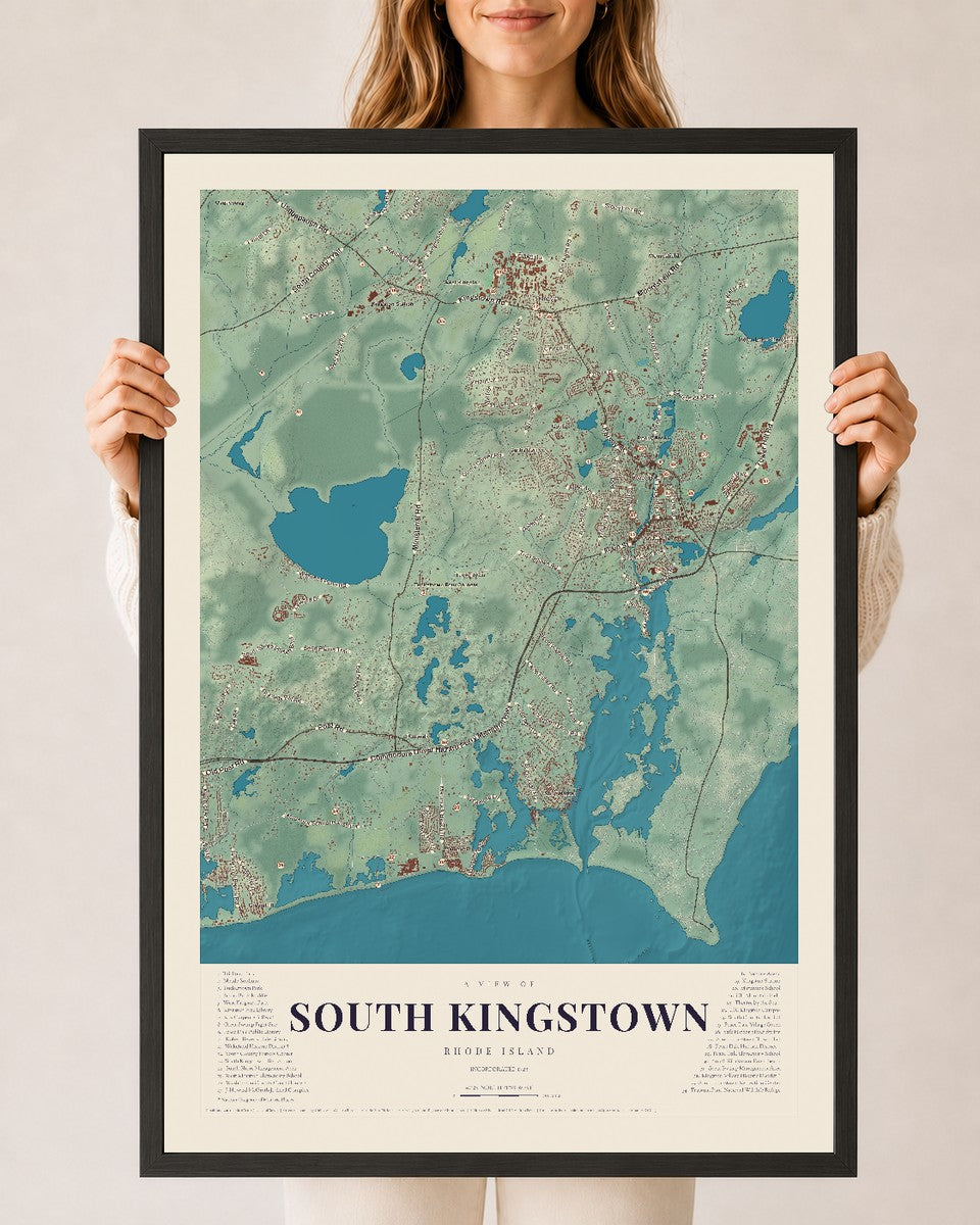 South Kingstown, Rhode Island map print, 24" x 36" W/ Black Ayous Wood Frame mockup