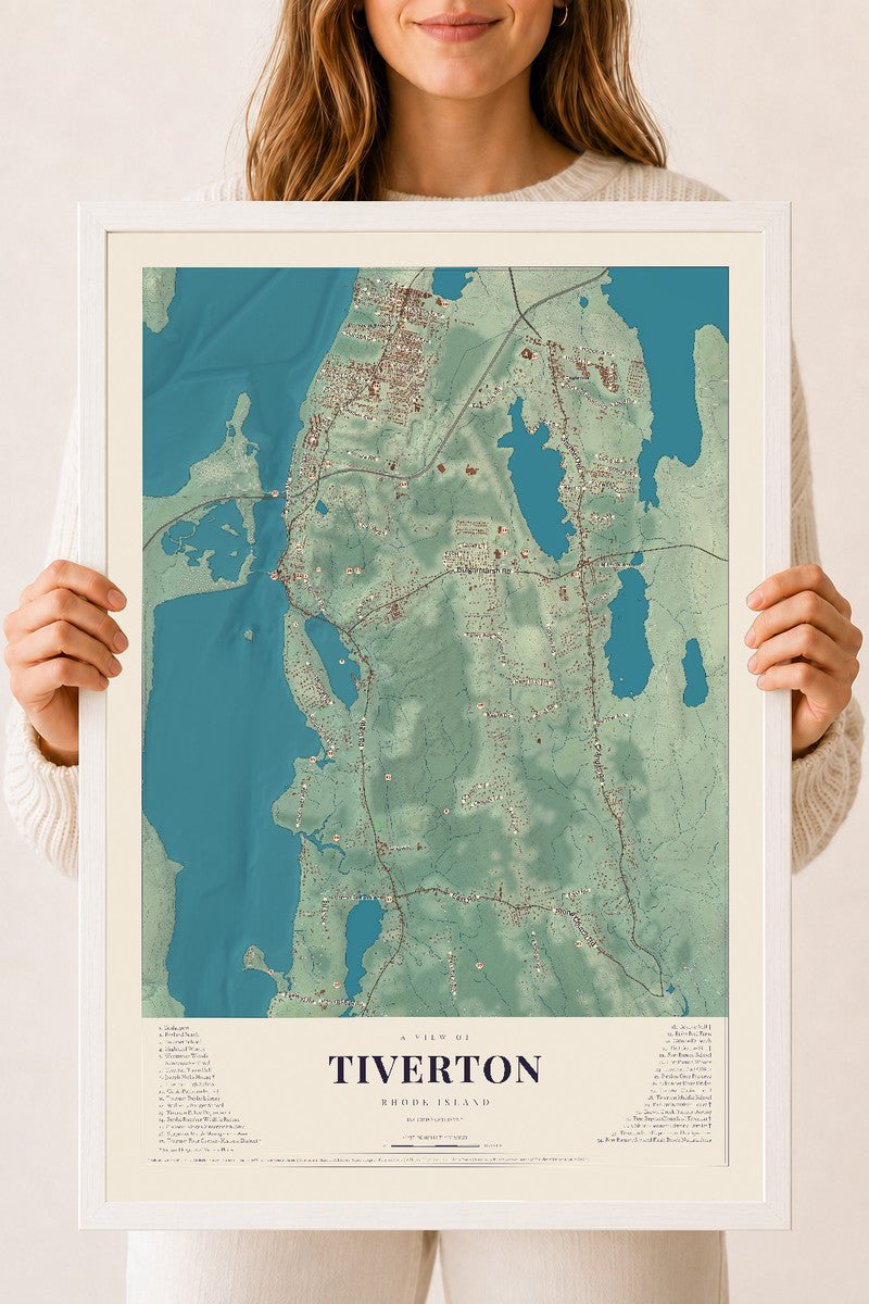 Tiverton, Rhode Island map print, 18" x 24" W/ White Ayous Wood Frame mockup