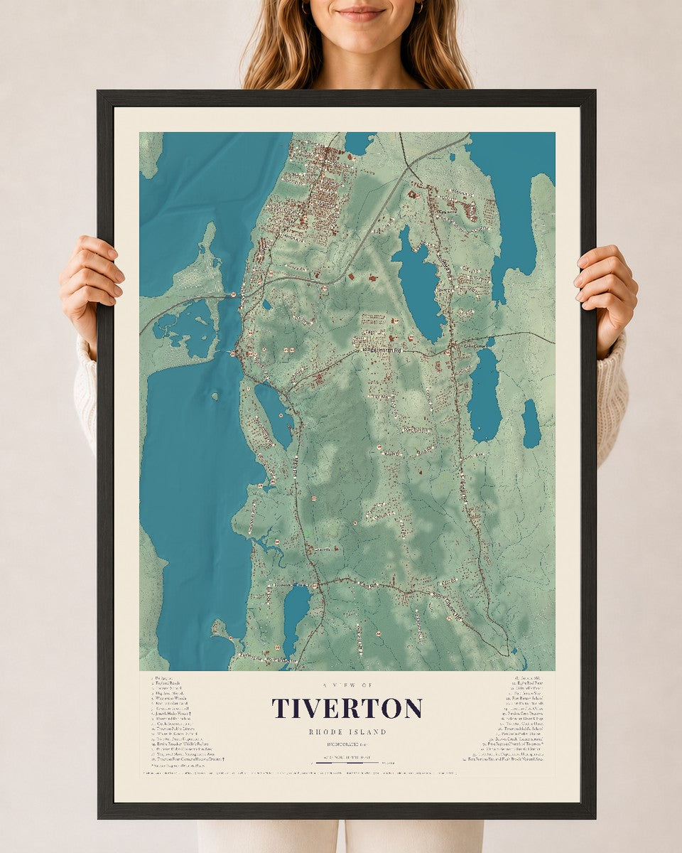 Tiverton, Rhode Island map print, 24" x 36" W/ Black Ayous Wood Frame mockup