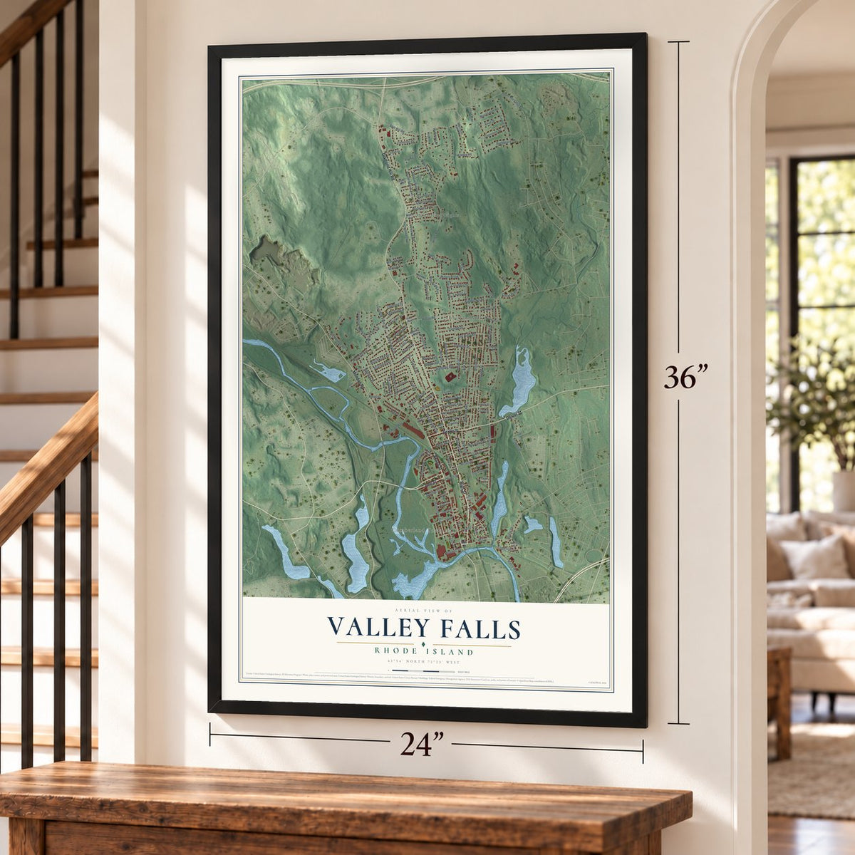 Valley Falls, Rhode Island map, 24 x 36 inch print in a black frame by a staircase