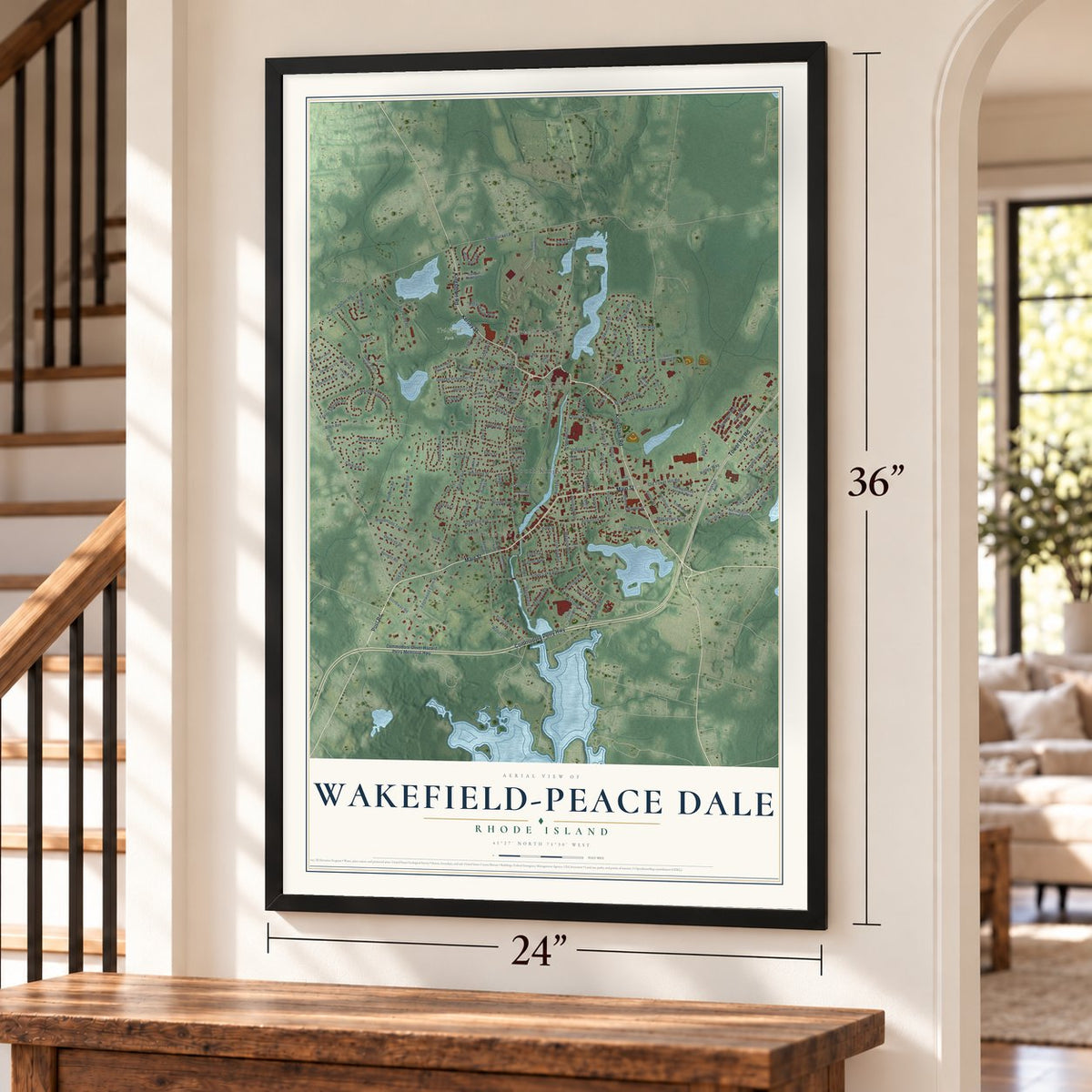 Wakefield-Peace Dale, Rhode Island map, 24 x 36 inch print in a black frame by a staircase