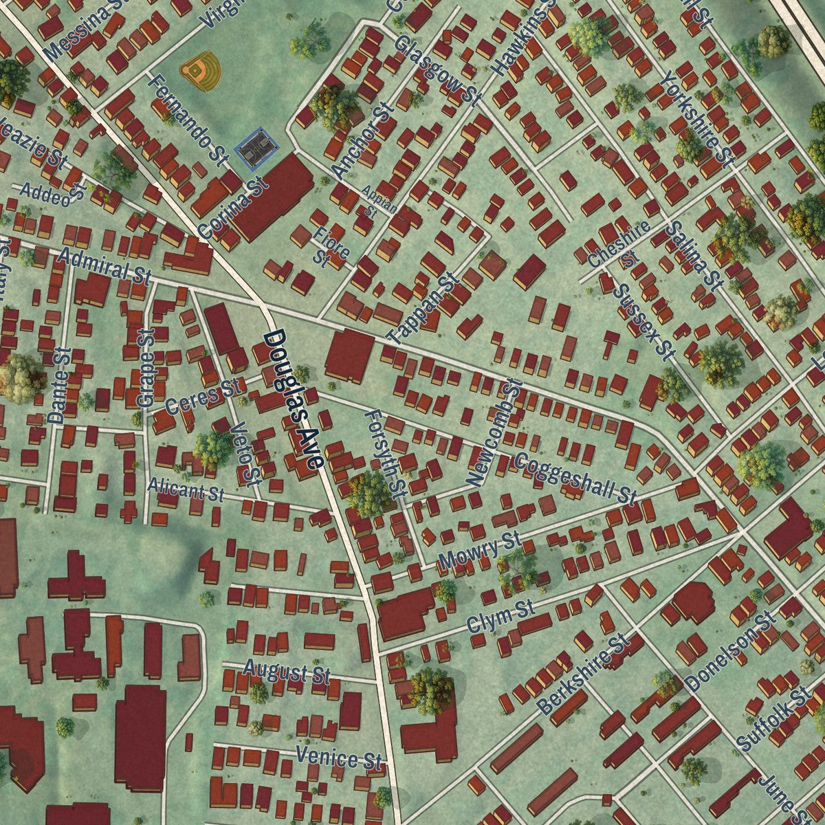 Close-up of the map of Wanskuck, Rhode Island print showing street and building detail