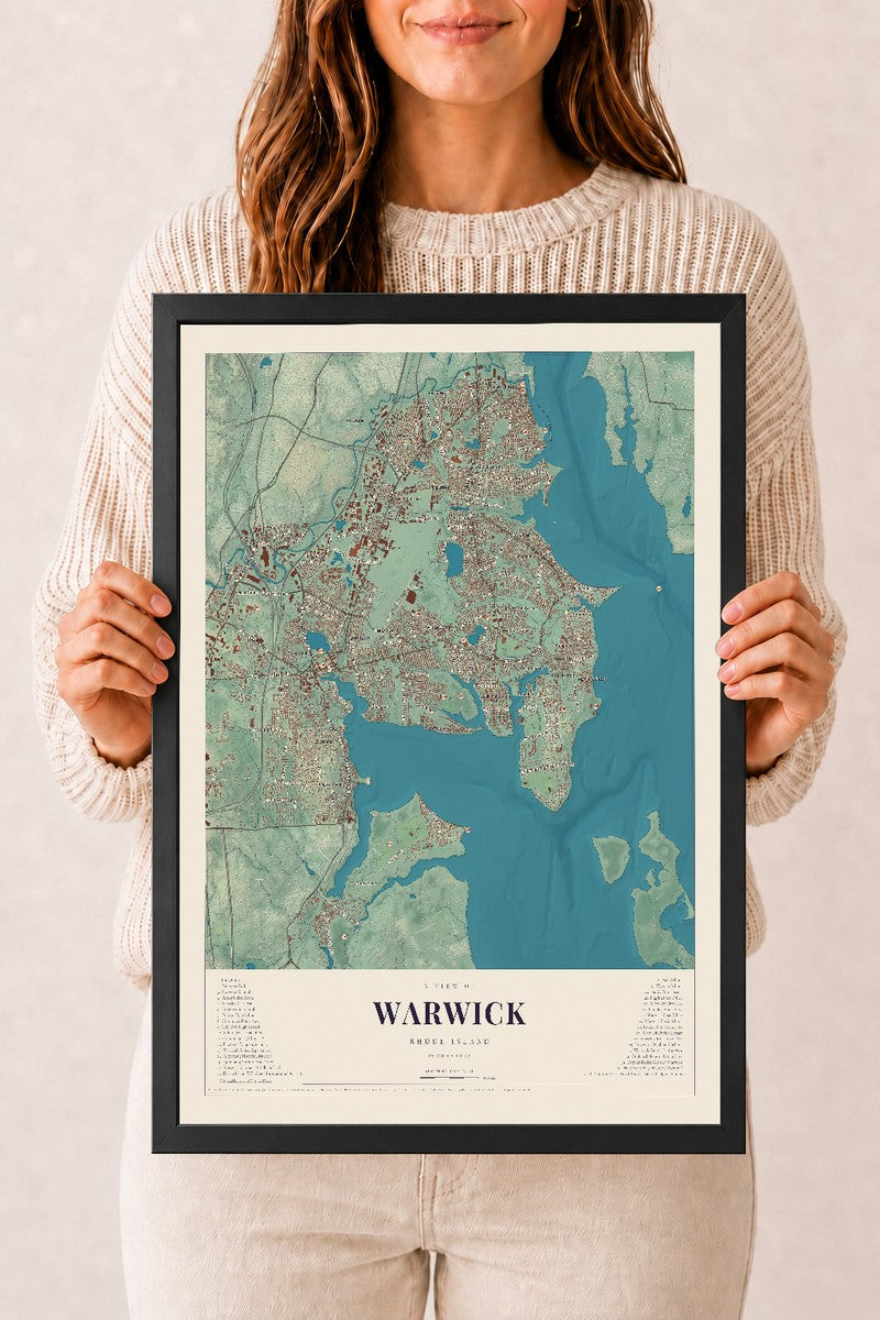 Warwick, Rhode Island map print, 12" x 18" W/ Black Ayous Wood Frame mockup