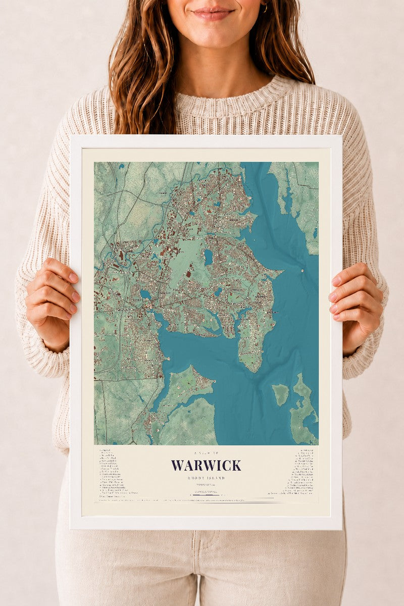 Warwick, Rhode Island map print, 12" x 18" W/ White Ayous Wood Frame mockup