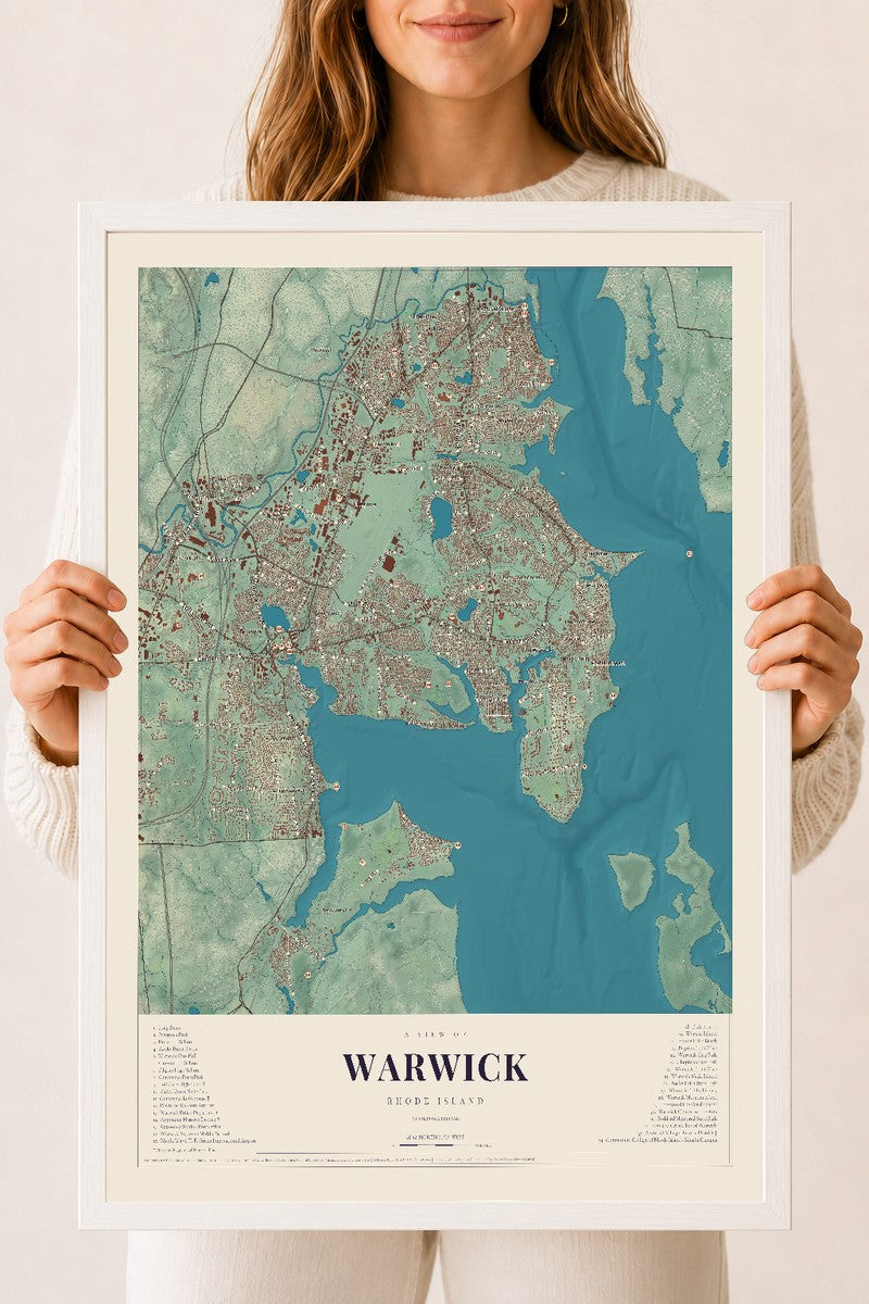 Warwick, Rhode Island map print, 18" x 24" W/ White Ayous Wood Frame mockup
