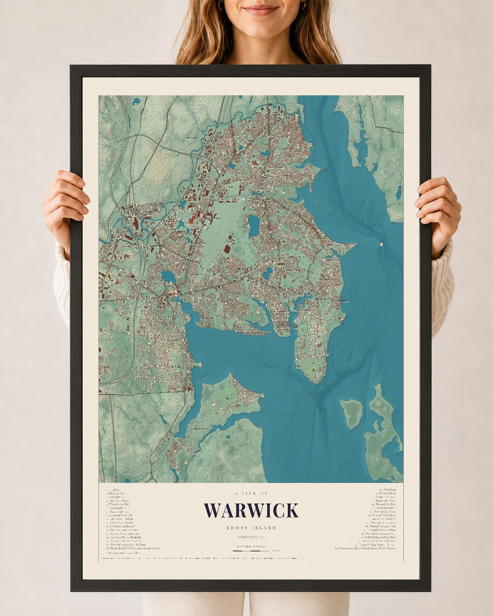 Warwick, Rhode Island map print, 24" x 36" W/ Black Ayous Wood Frame mockup