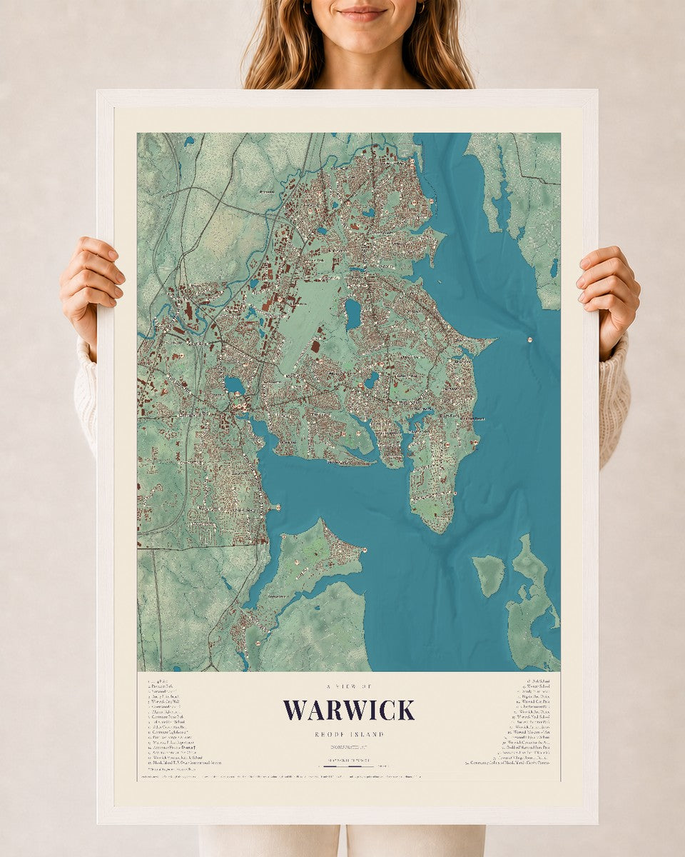 Warwick, Rhode Island map print, 24" x 36" W/ White Ayous Wood Frame mockup