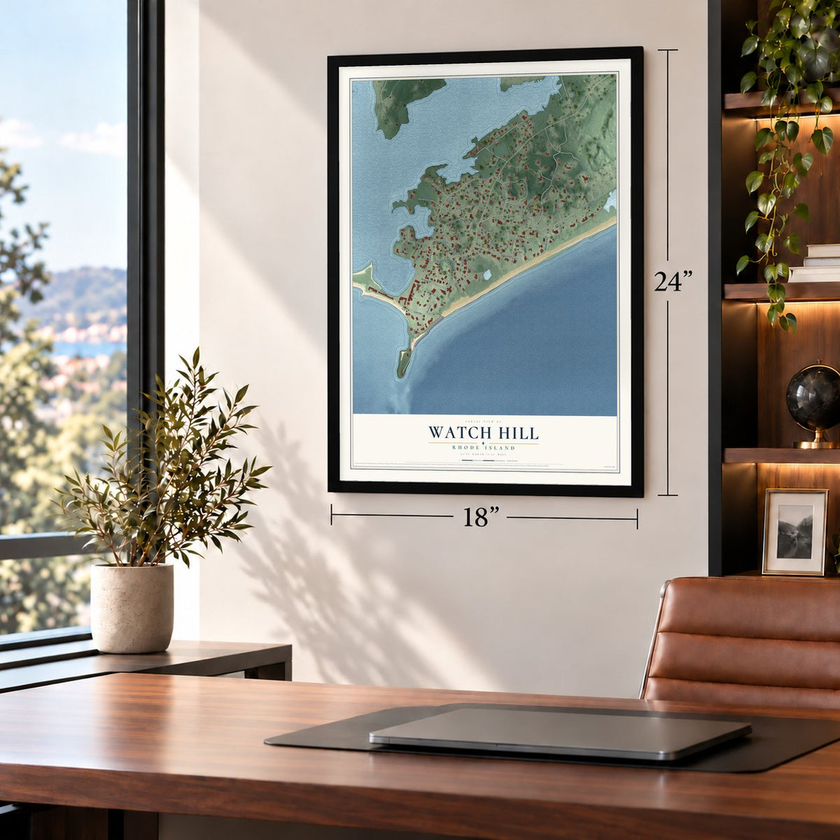 Watch Hill, Rhode Island map, 18 x 24 inch print in a black frame in a home office