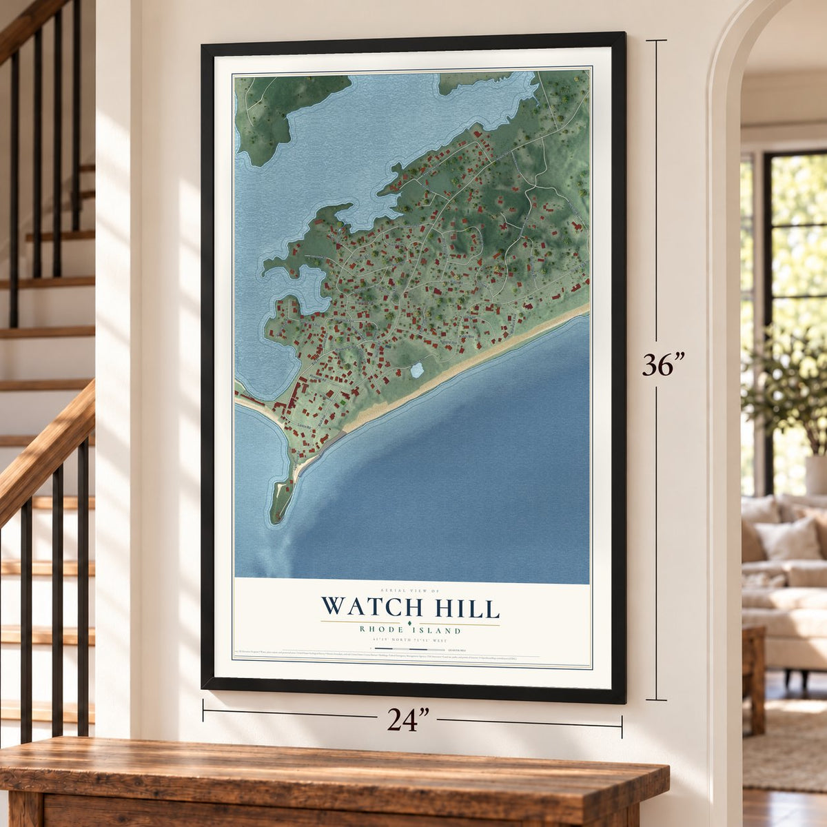 Watch Hill, Rhode Island map, 24 x 36 inch print in a black frame by a staircase